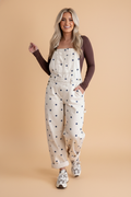Pretty Bash polka dot denim barrel leg overalls jumpsuit with side button closures