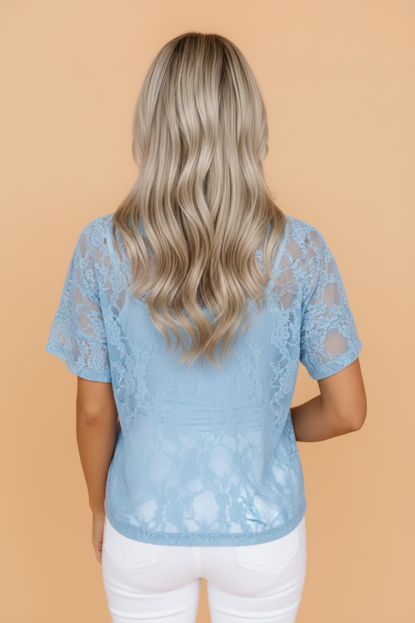 Solid Sheer Lace Short Sleeve Boxy Tee with Drop Shoulders