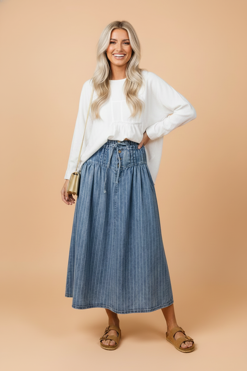 A stripe denim midi skirt with front pintuck pleats, a high waist, and adjustable drawstring.
