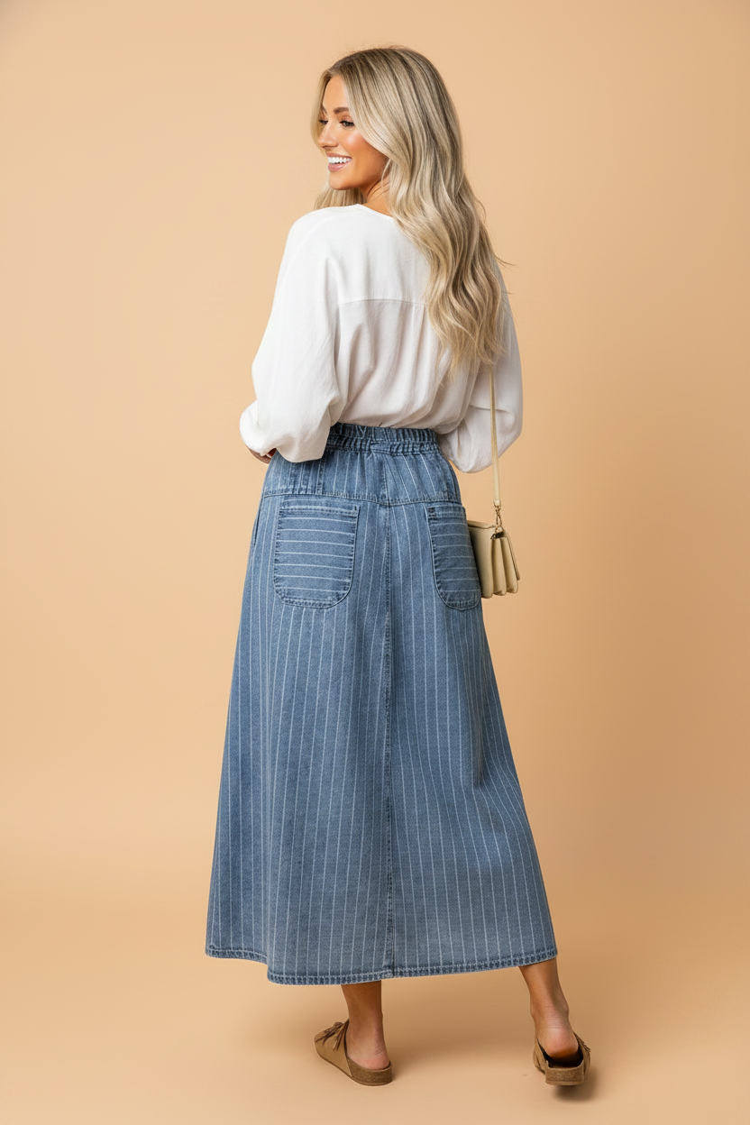 Stripe Denim Button Pleated High Waist Midi Skirt - Summer Casual