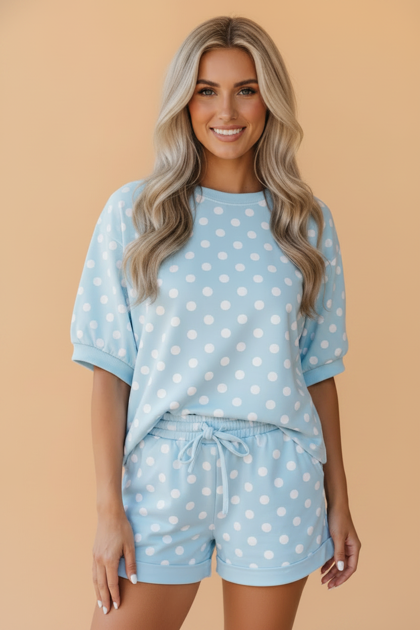 Pretty Bash two-piece polka dot set featuring an oversized top with rolled cuffs and drawstring shorts.