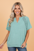 Mint-green 100% cotton raglan tee with lace patchwork and mineral wash finish