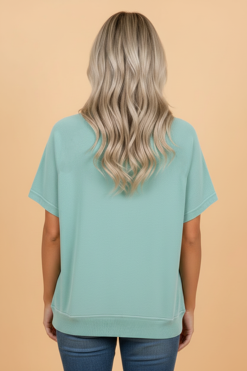 Mineral Wash Lace Patchwork Raglan Sleeve Tee in Mint-Green