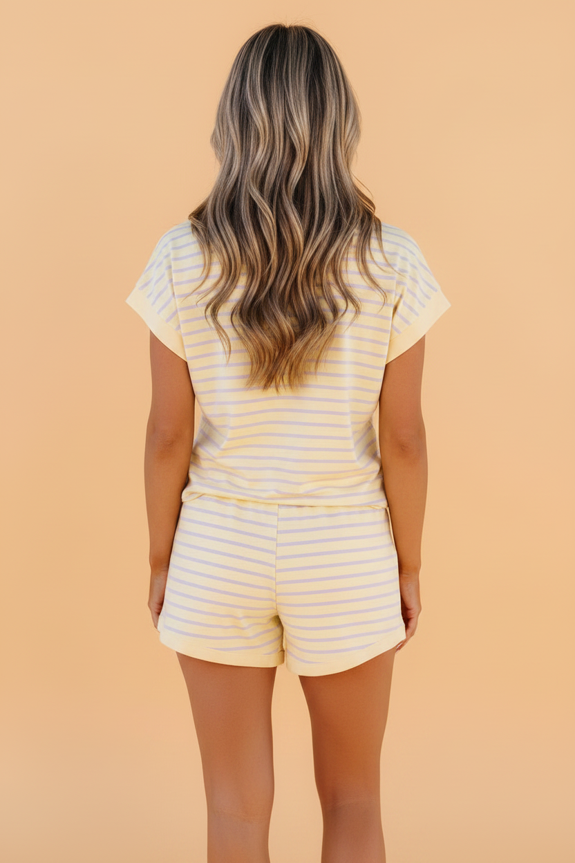 Stripe Relaxed Tee & High-Rise Drawstring Shorts Set - Pastel