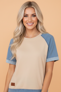 Women's beige and blue colorblock raglan sleeve tee with denim-style cuffs