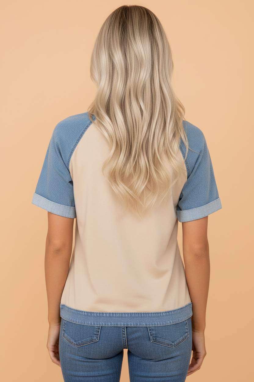 Colorblock Denim Patchwork Raglan Sleeve Tee in Beige and Blue