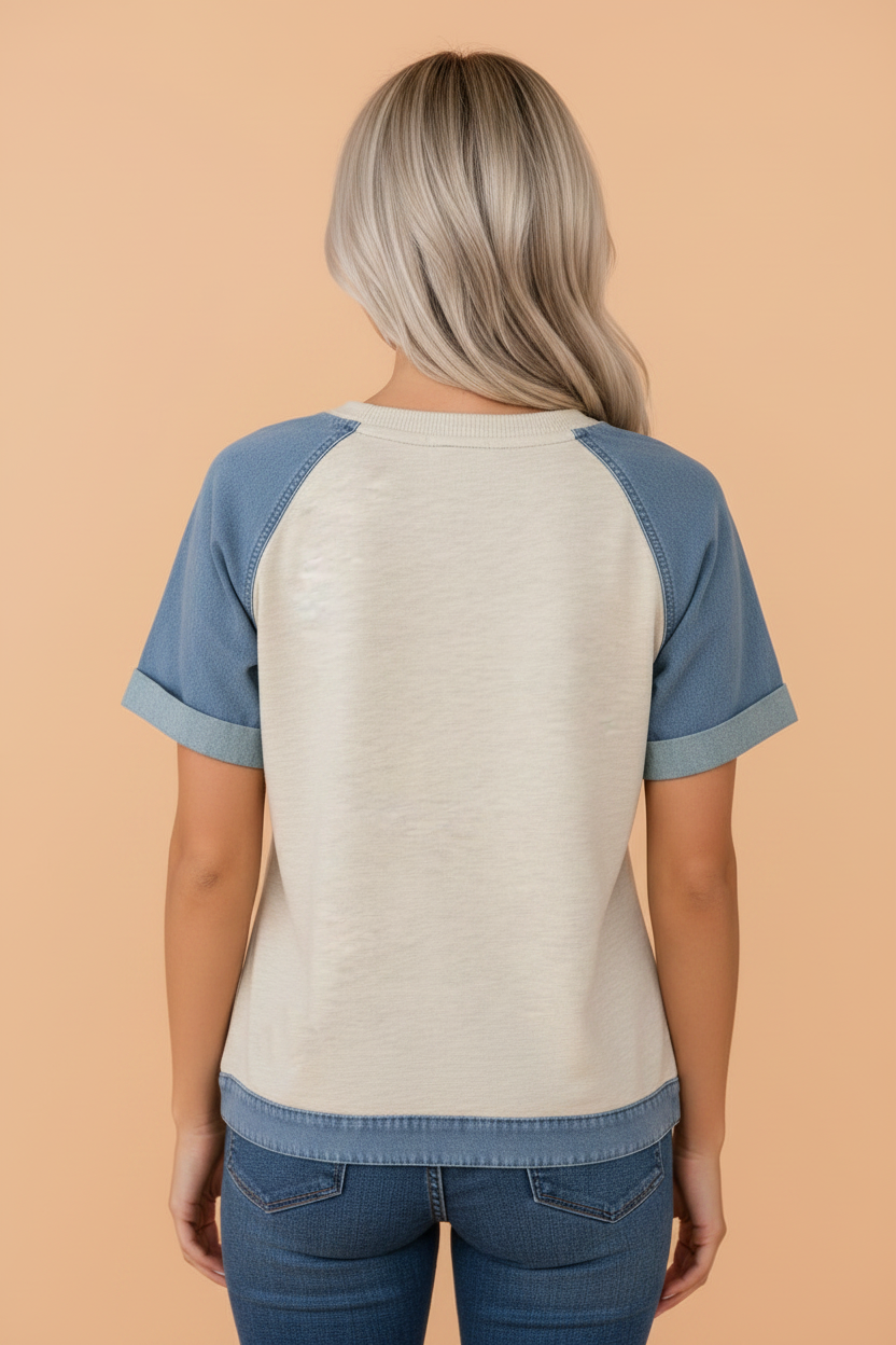 Colorblock Denim Patchwork Raglan Sleeve Tee in Beige and Blue
