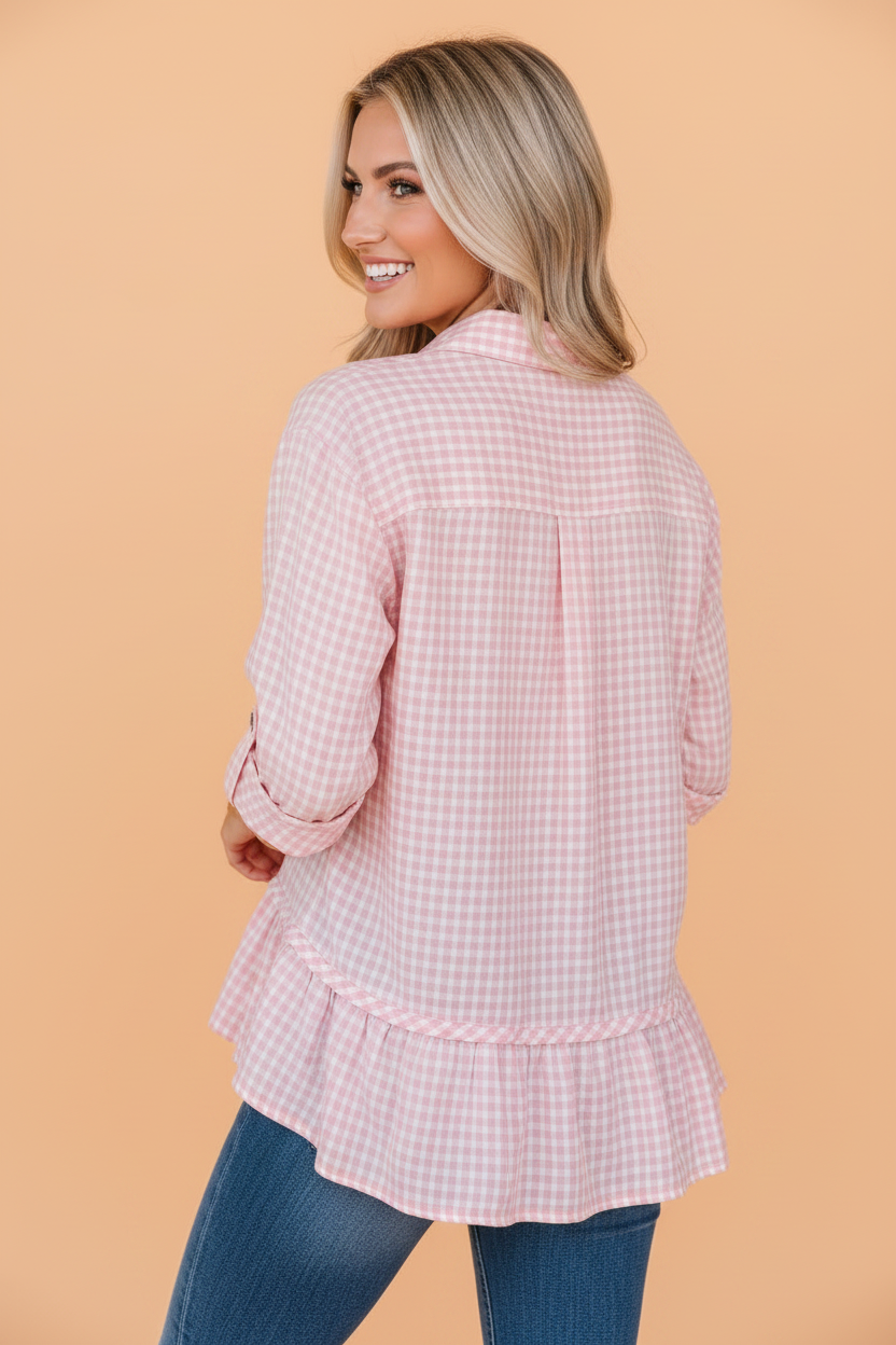 Gingham Plaid 3/4 Sleeve Ruffle Button Down Shirt