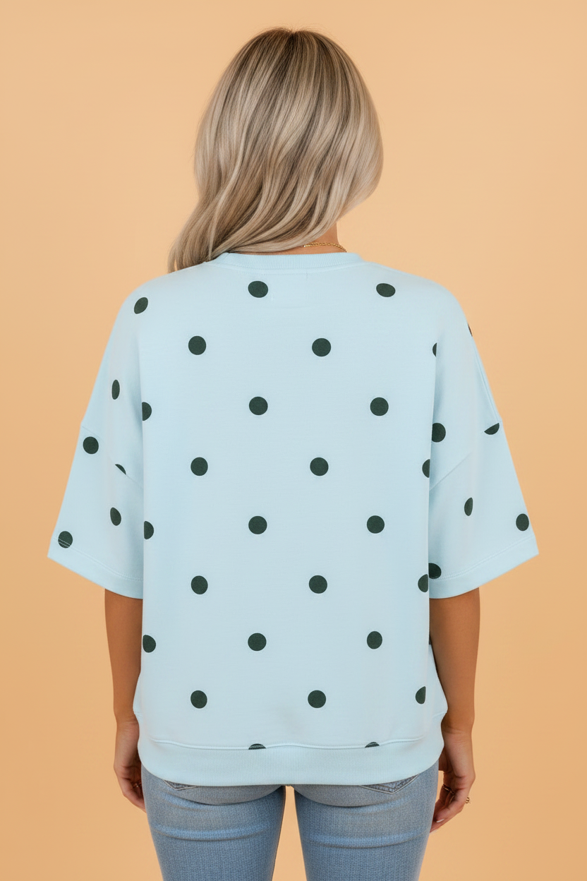 Retro Polka Dot Oversized Cotton Tee with Decorative Neckline