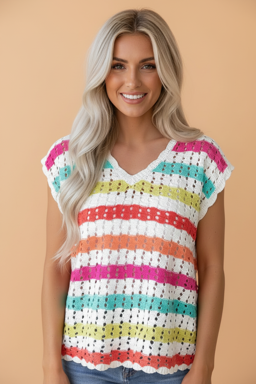 Women wearing a short sleeve striped eyelet knit V-neck sweater tee in a relaxed fit.