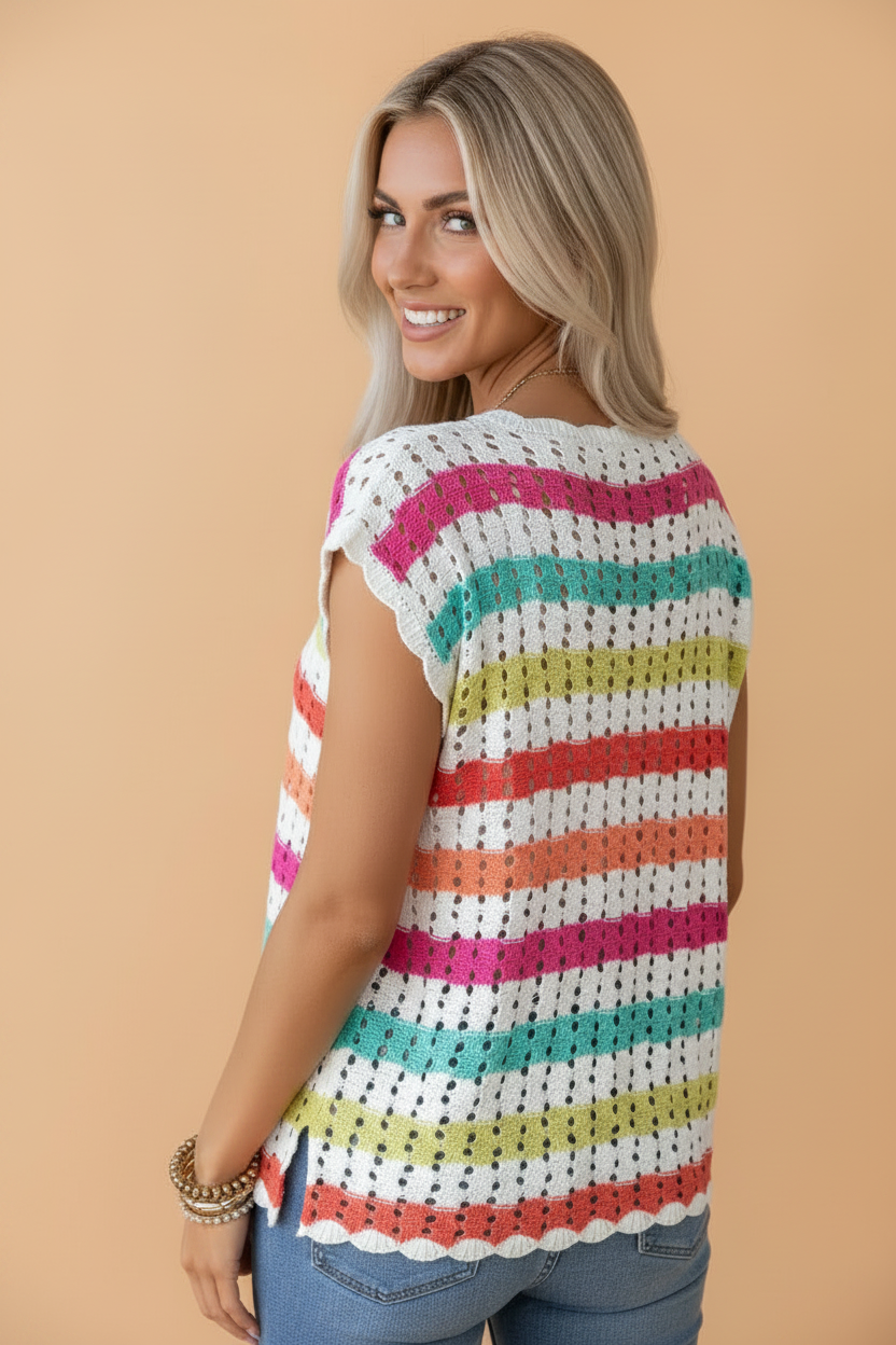 Stripe Eyelet Knit V-Neck Short Sleeve Sweater Tee for Women