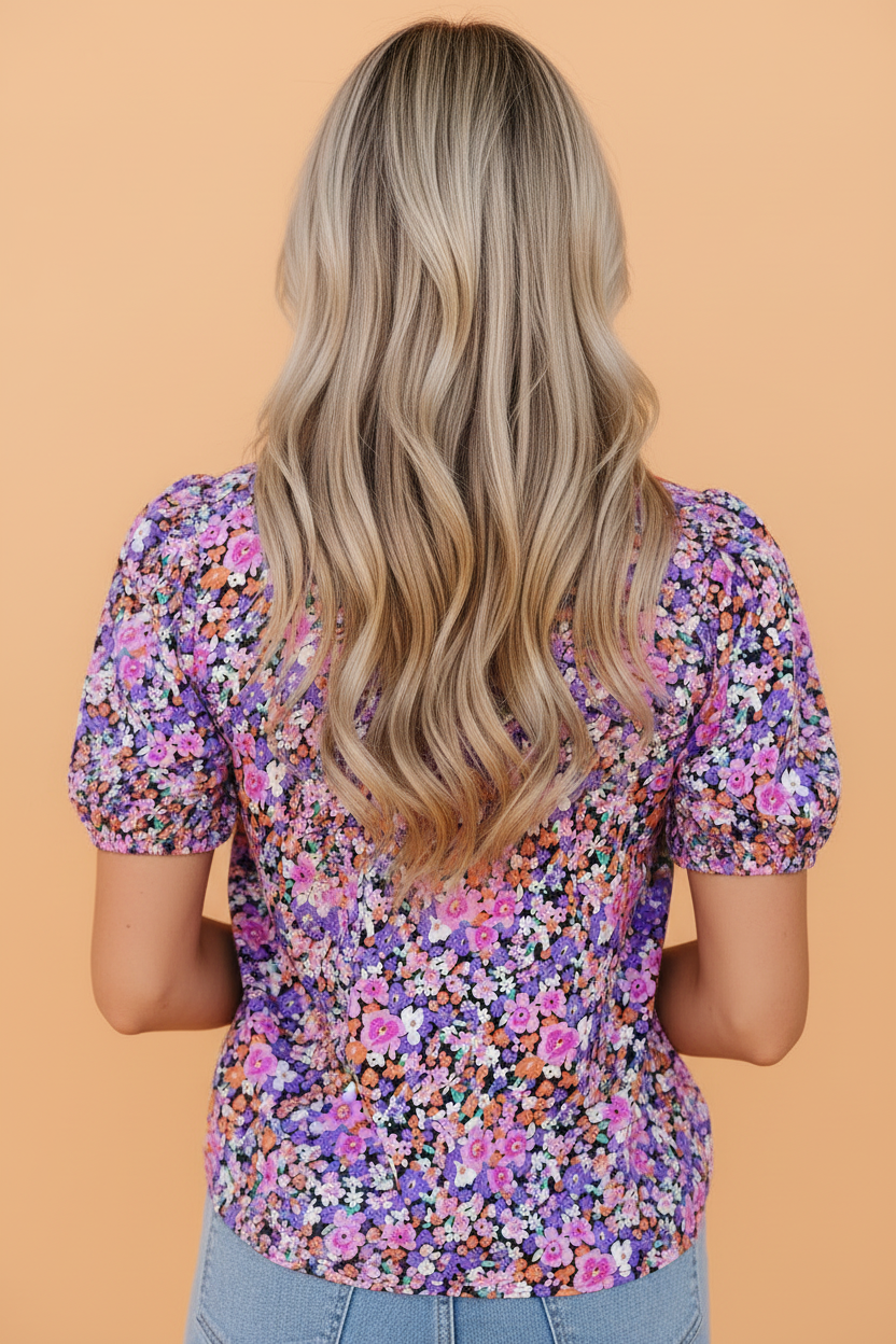 Floral Gingham Colorblock Trim V-Neck Blouse for Women