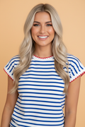Classic striped knit tee with contrast trim on the round neck and cap sleeves.