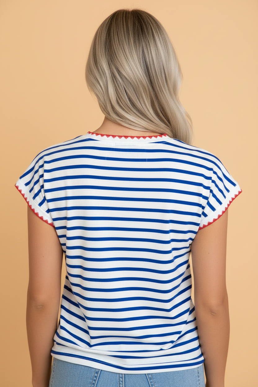 Stripe Contrast Trim Round Neck Cap Sleeve Knit Tee