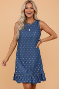 Blue and white polka dot denim sleeveless mini dress with ruffle hem detail