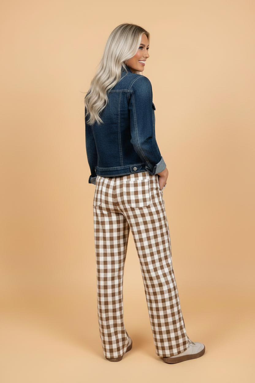Gingham Plaid Elastic Waist Shift Pants in Brown and White