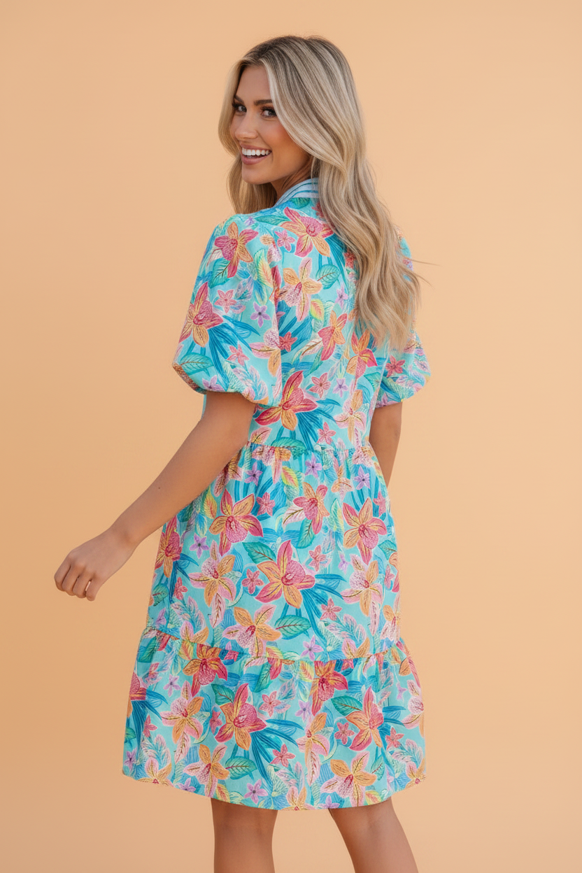 Floral Stripe V-Neck Mini Dress with Scallop Trim in Tropical Print