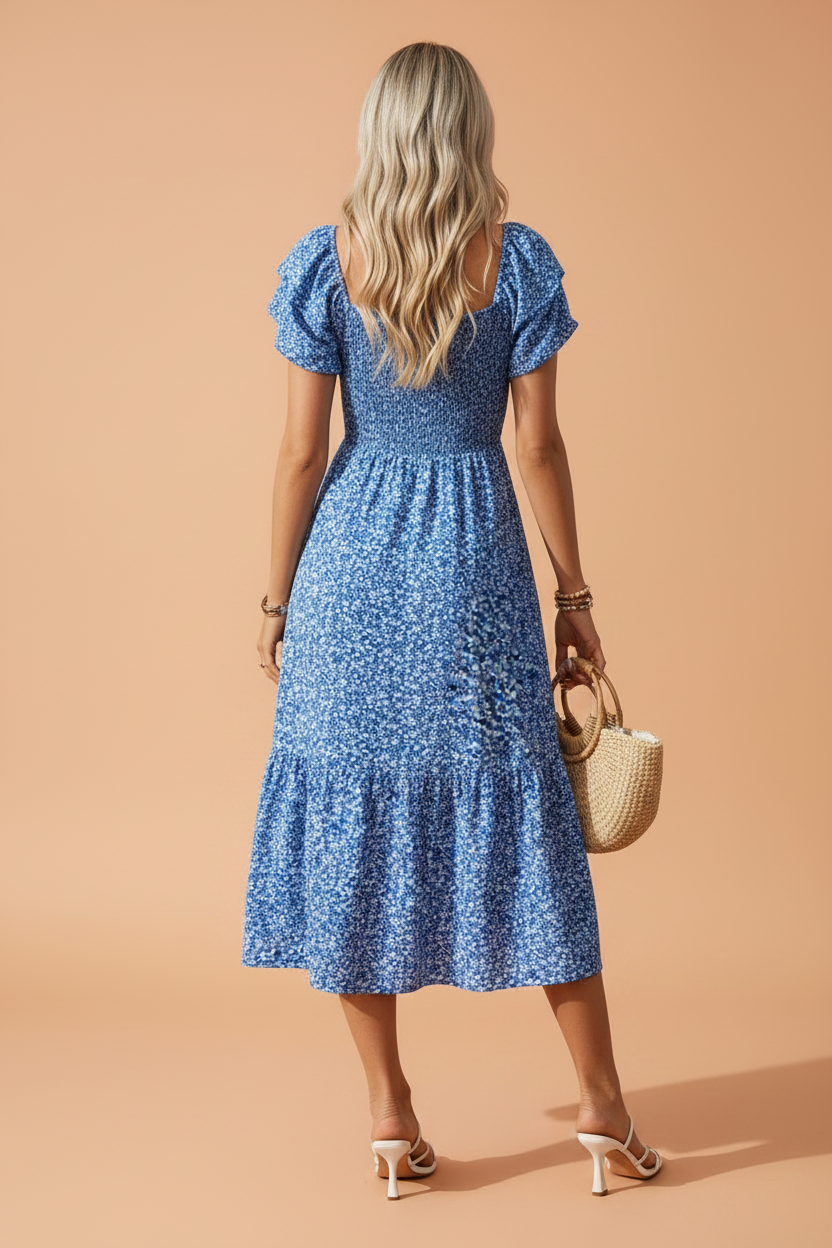 Floral Smocked Square Neck Ruffle Sleeve Midi Dress in Blue White