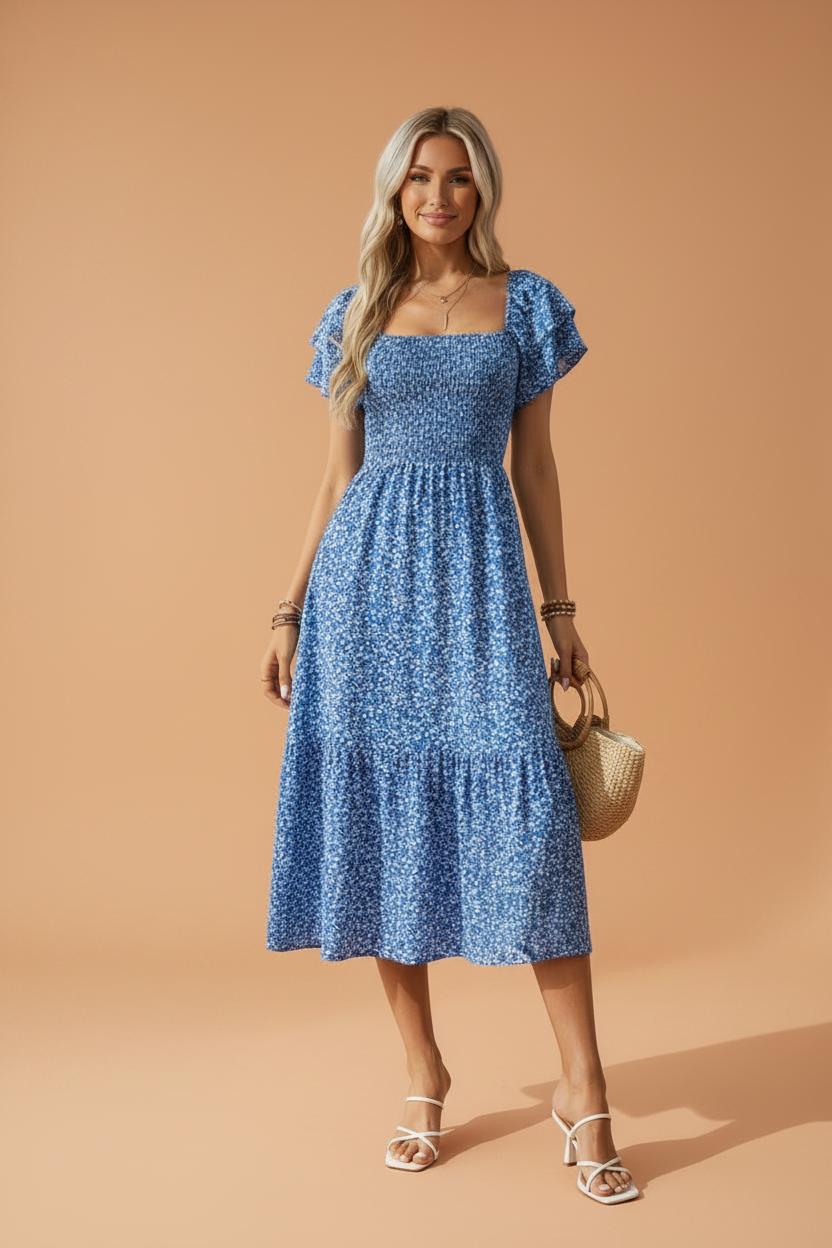 Woman wearing a romantic floral smocked square neck midi dress with ruffle sleeves in blue and white.