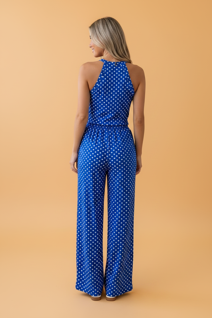Polka Dot Halter Tank and Loose Pants Loungewear Set - Blue