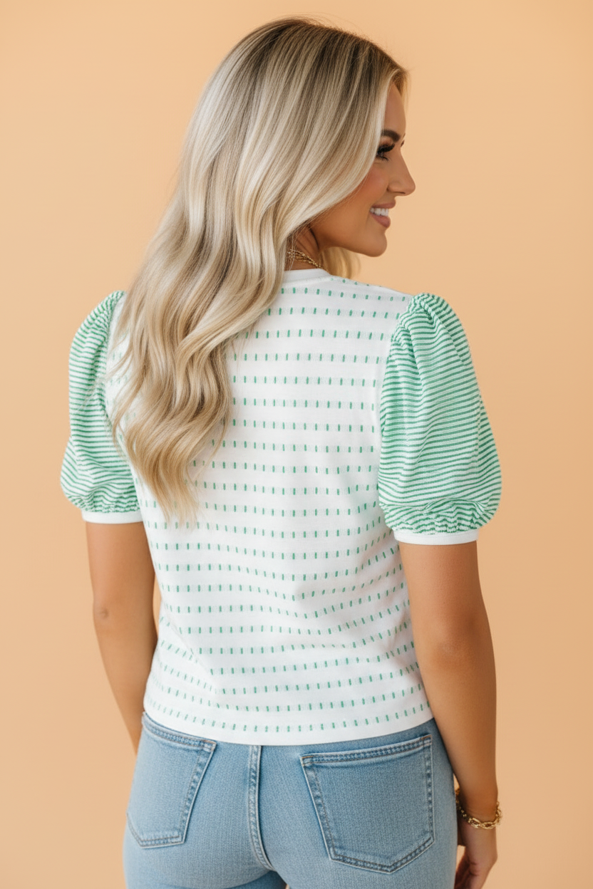 Stripe Patchwork Short Puff Sleeve Knit Top in White and Green
