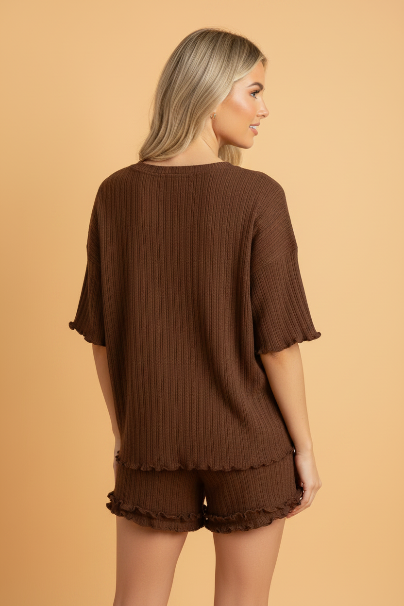 Women's Solid Ribbed Lettuce Trim Lounge Set in Chocolate Brown