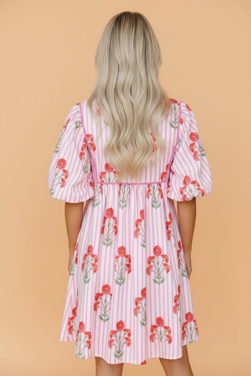 Floral Stripe Tie Neck Puff Sleeve Mini Dress in Pink and Red