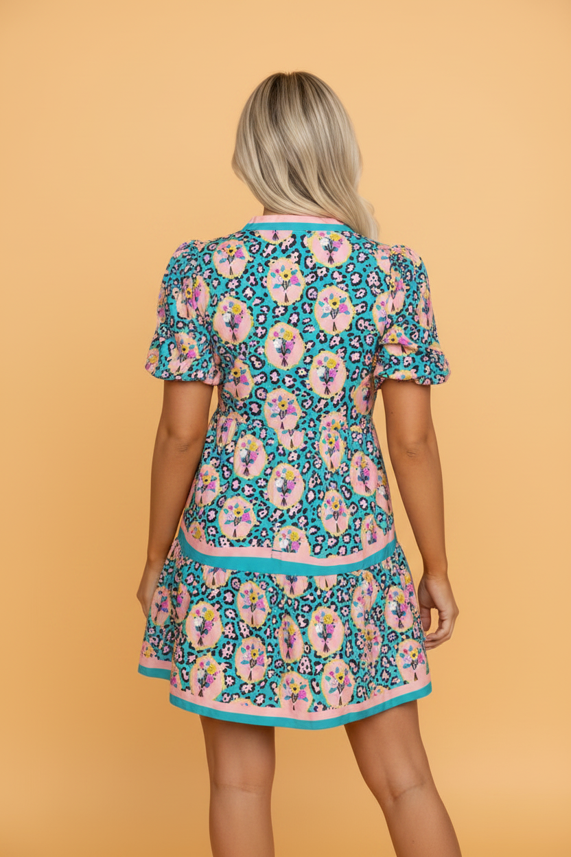 Floral Leopard Contrast Stripe Puff Sleeve Mini Dress - Bohemian