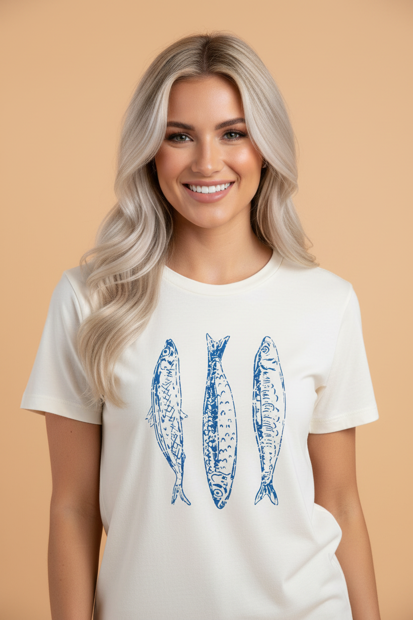 Woman wearing an off-white nautical fish graphic t-shirt with short sleeves and a round neck.