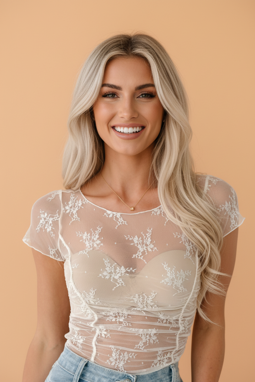 Sheer white floral lace mesh top with front ruching and exposed seams