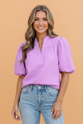 Solid lavender cotton V-neck blouse with bubble short sleeves