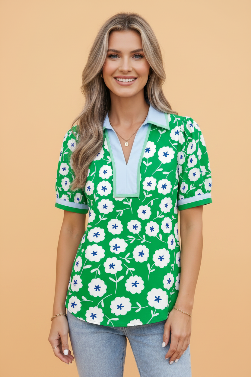 Pretty Bash floral blouse in kelly green with white daisy print and light blue contrast V-neck collar.