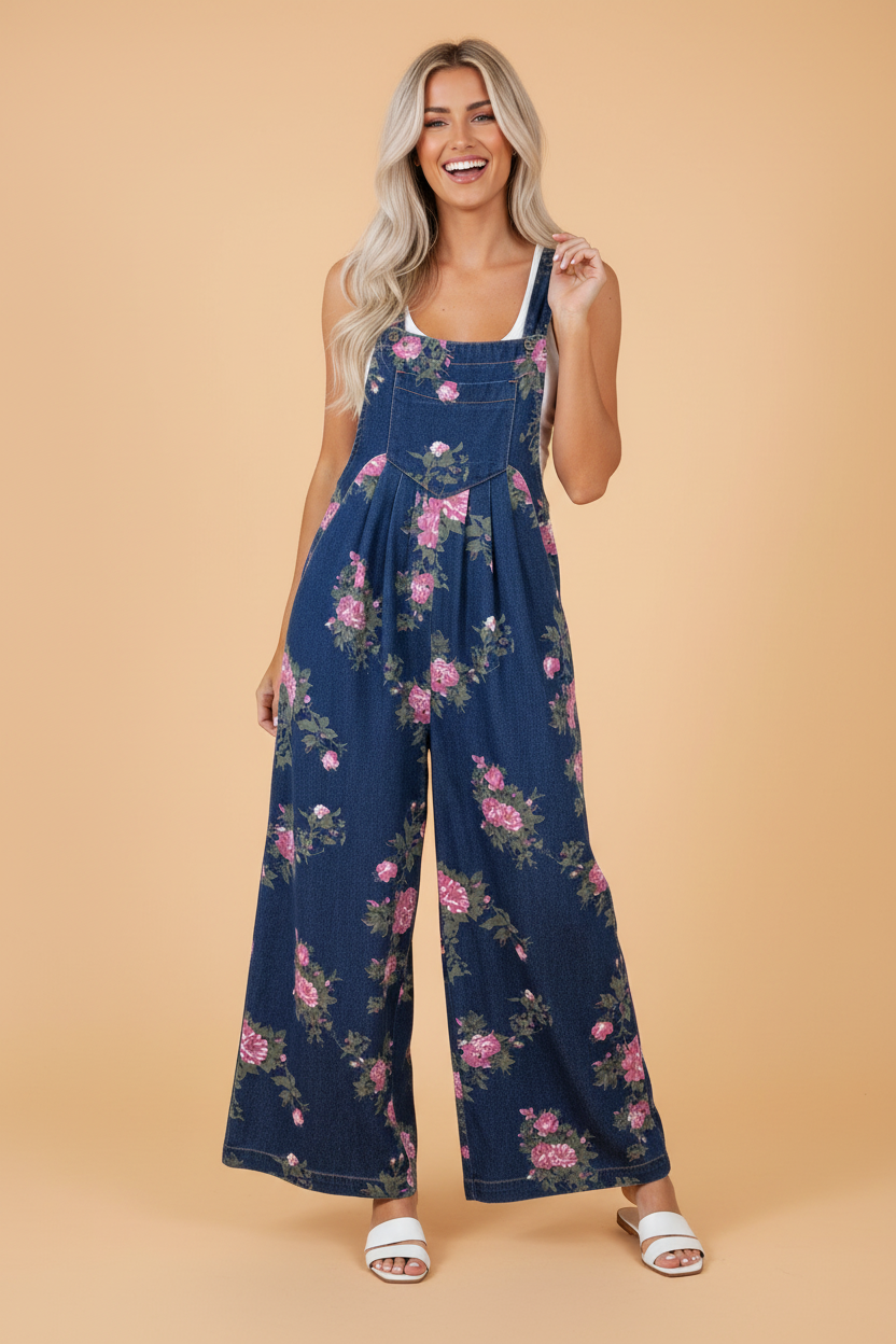 Woman wearing a floral pleated high waist wide leg denim jumpsuit in blue