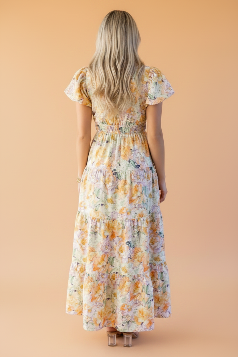 Floral Bubble Sleeve V-Neck Flared Maxi Dress in Yellow or Lavender