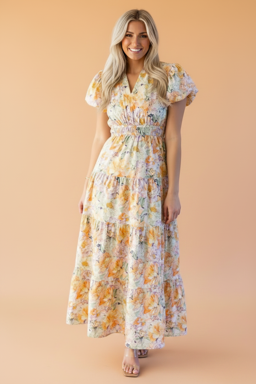 Woman wearing a romantic floral maxi dress with bubble sleeves and a tiered flared skirt in yellow and lavender.
