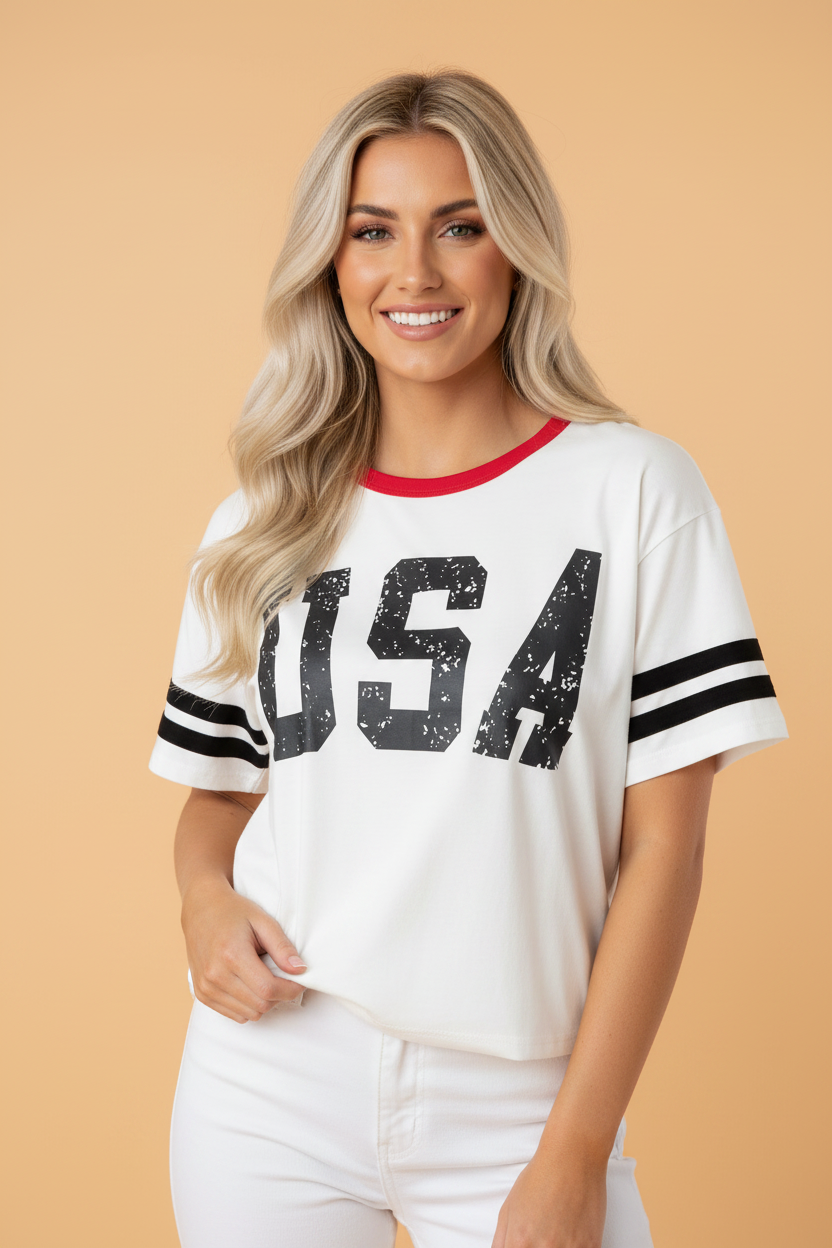 Casual white cotton tee featuring a distressed USA graphic and red/black varsity stripe trim on the sleeves.