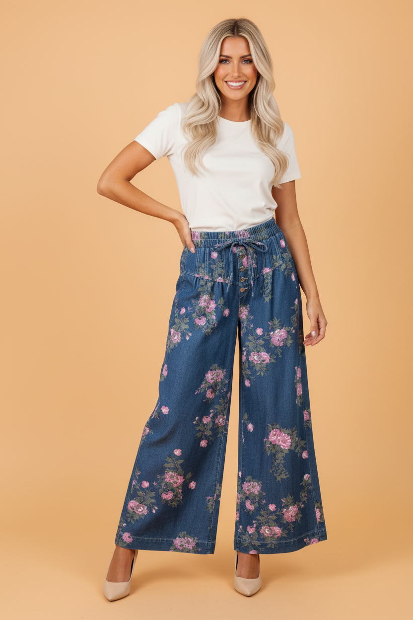 High-waisted wide leg jeans with floral print and tie waist detail