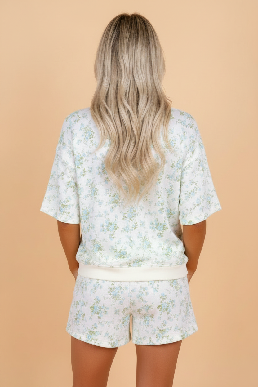 Floral Short Sleeve & Elastic Waist Cotton Short Set in Cream