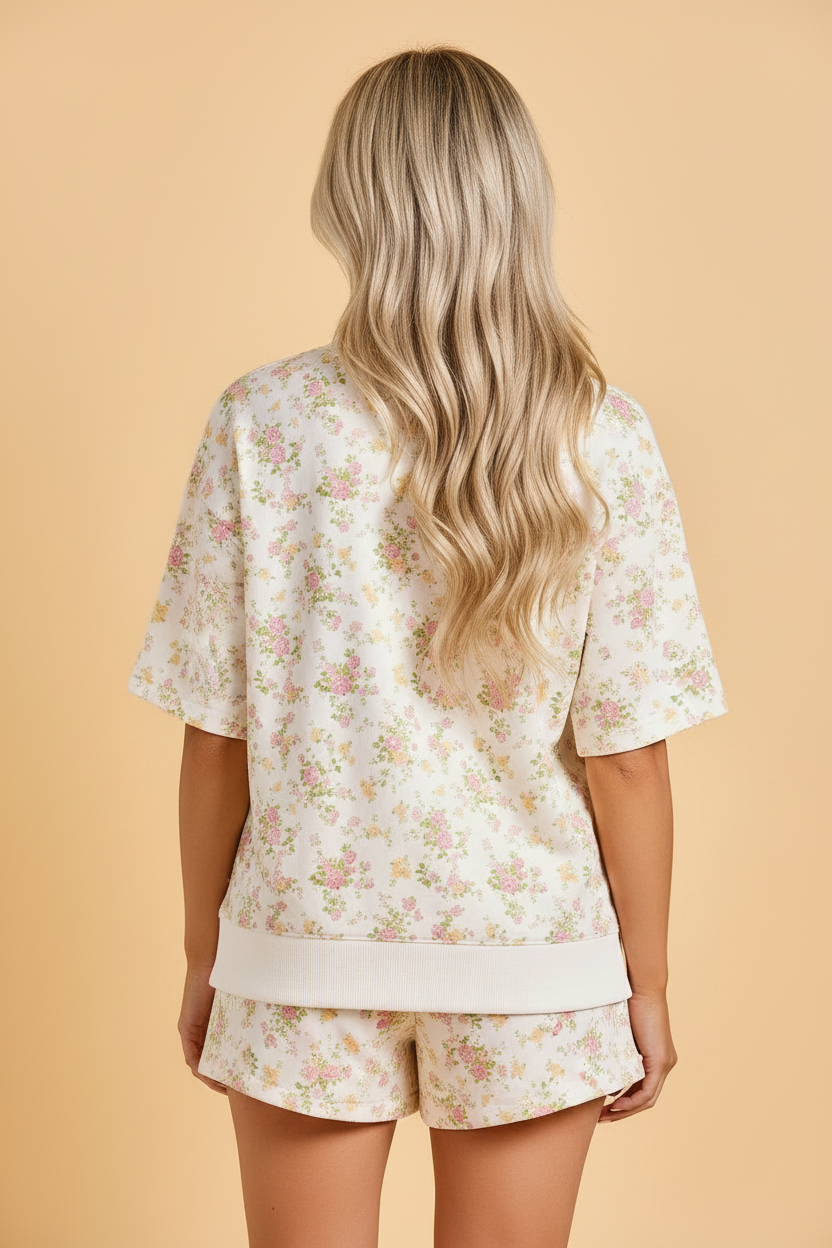 Floral Short Sleeve & Elastic Waist Cotton Short Set in Cream
