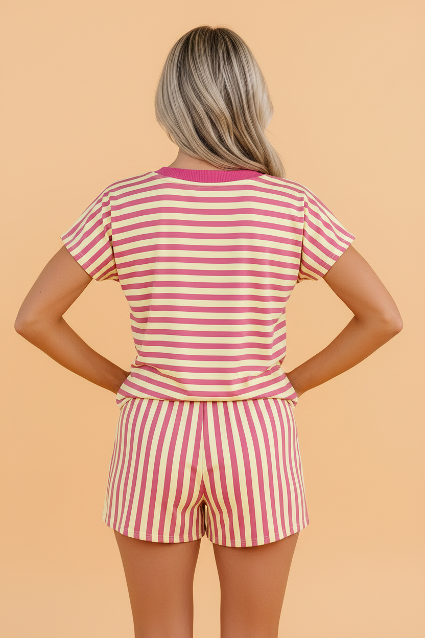 Stripe Colorblock V-Neck Tee & Drawstring Short Loungewear Set