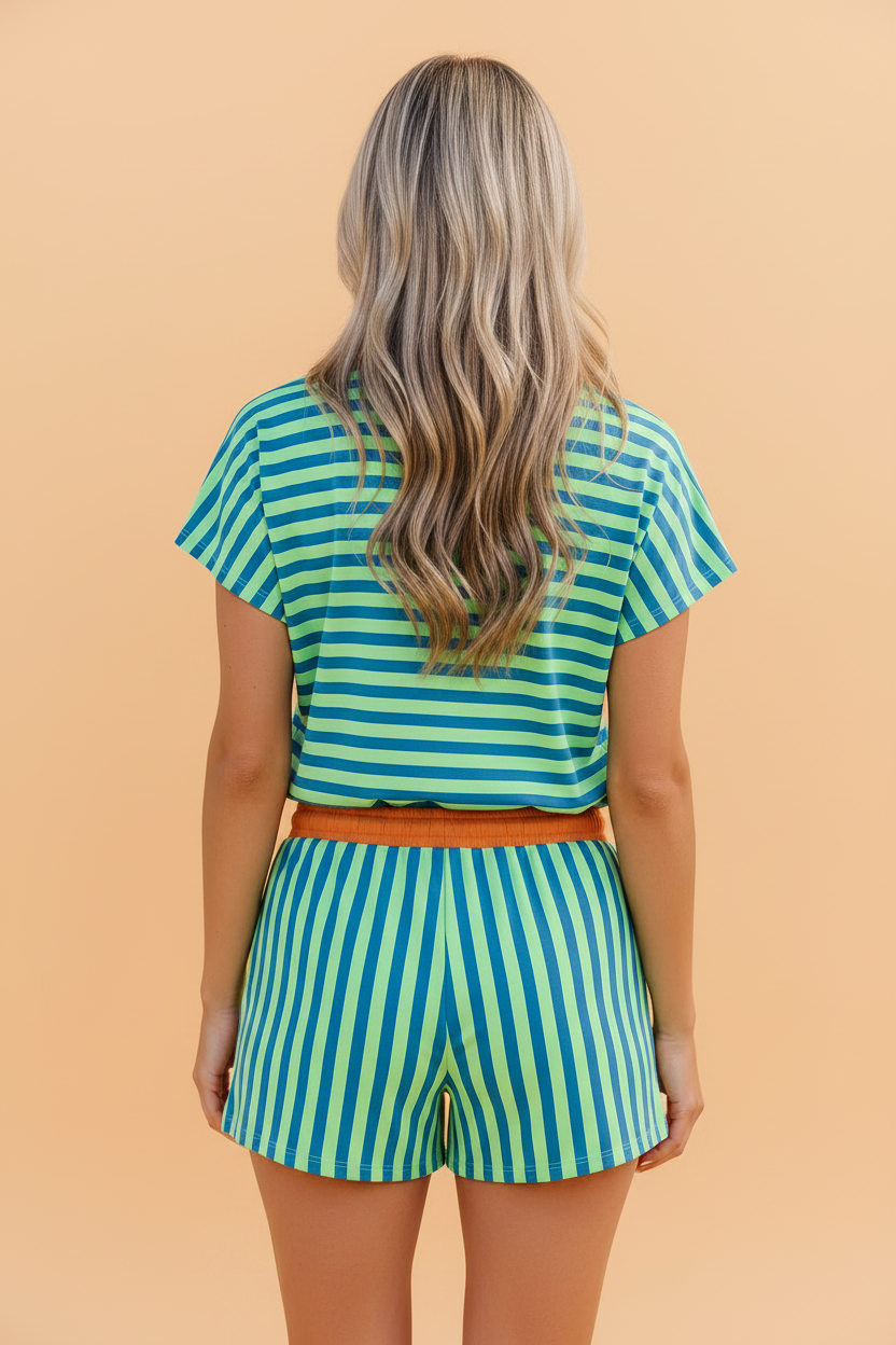 Stripe Colorblock V-Neck Tee & Drawstring Short Loungewear Set