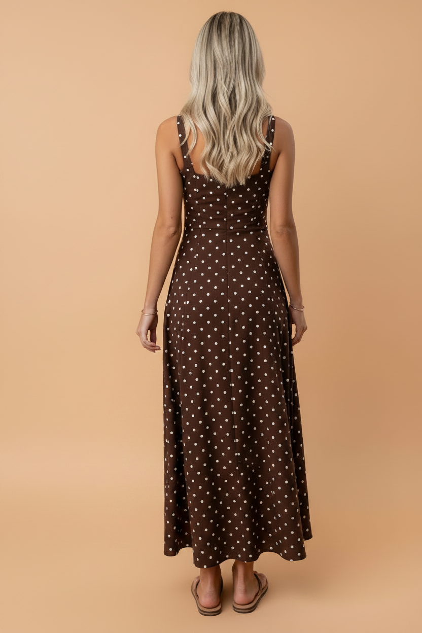 Polka Dot Square Neck A-Line Midi Dress in Chocolate Brown