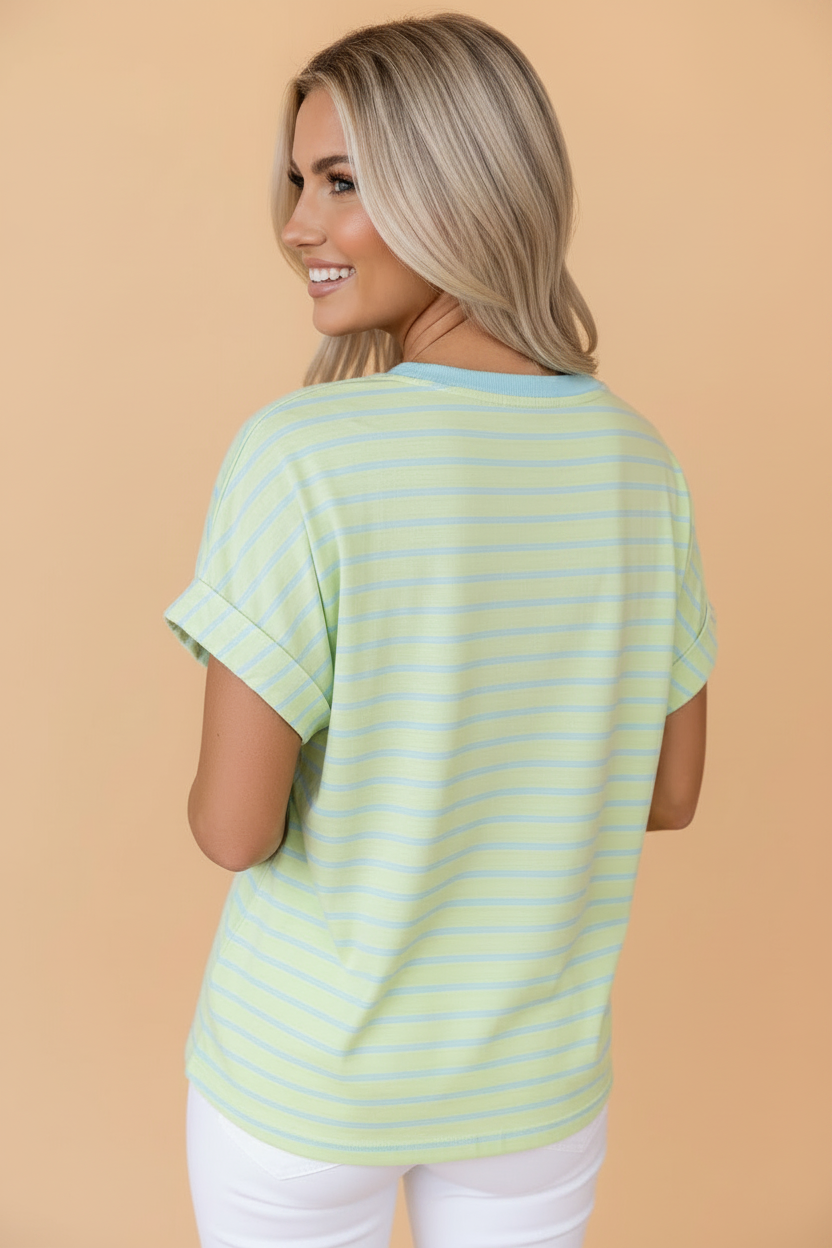 Stripe Round Neck Short Sleeve T-Shirt with Rolled Cuffs