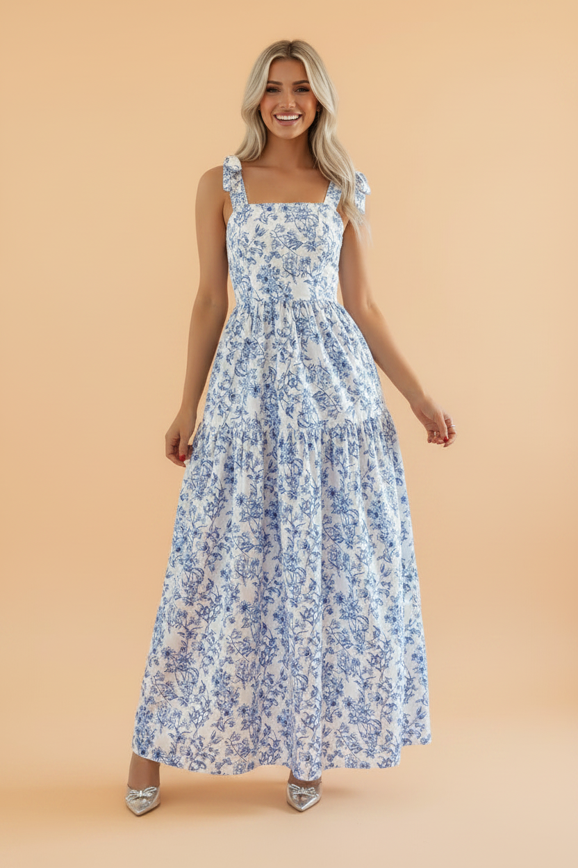 Pretty Bash pink floral maxi dress with adjustable tie straps and a square neckline.