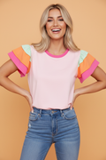 Women's colorblock t-shirt with flutter sleeves in a round neck style