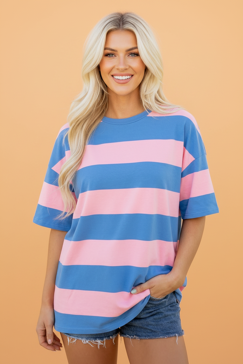 An oversize tunic tee with a striped colorblock design in blue and pink, styled for a casual look.