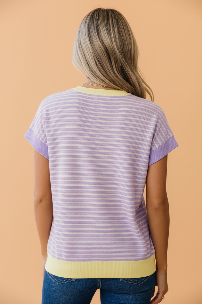 Stripe Colorblock Textured Short Sleeve T-Shirt in Pastel