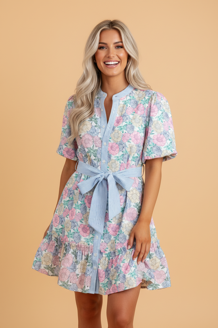 Model wearing a pink, blue, and cream floral mini dress with striped trim, a button-down front, and a belted waist.