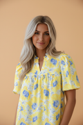 Floral Short Bubble Sleeve V-Neck Blouse