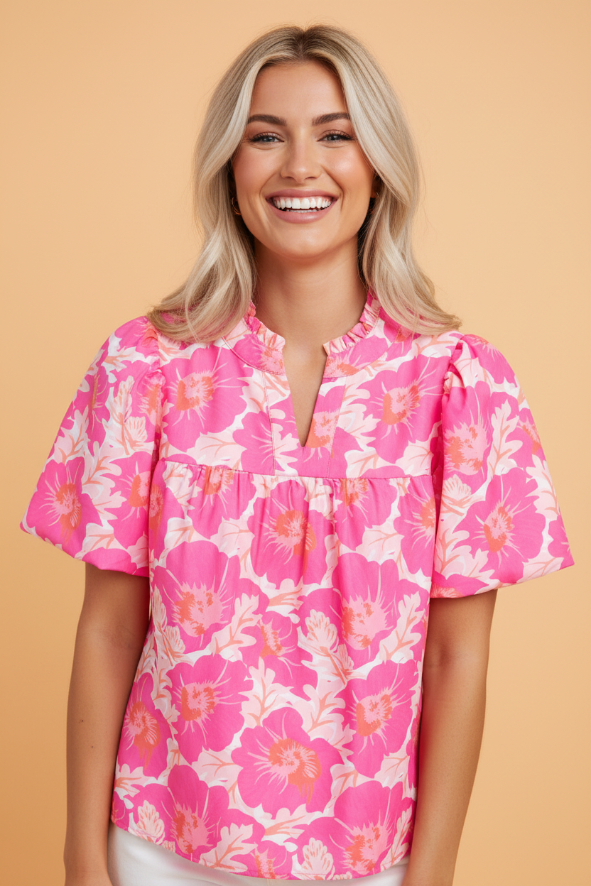 Pink and white floral jacquard babydoll blouse with short bubble sleeves